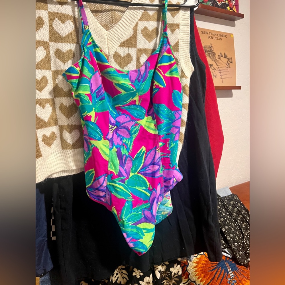 Late 80s early 90s one piece swimsuit with neon vibrant floral print  | large